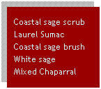 Text Box: Coastal sage scrub
Laurel Sumac
Coastal sage brush
White sage
Mixed Chaparral
